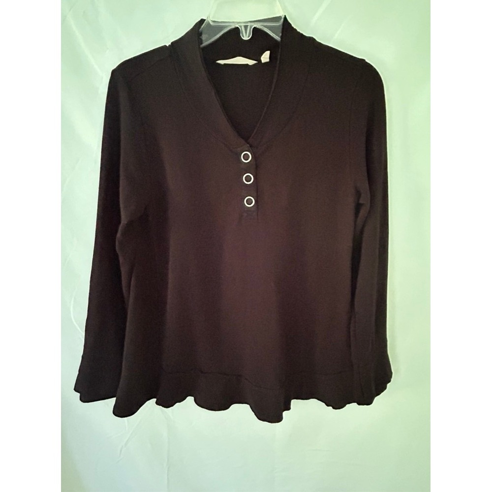 Soft Surroundings Womens Brown Henley Ruffle Hem Long Sleeve Knit Top Small
